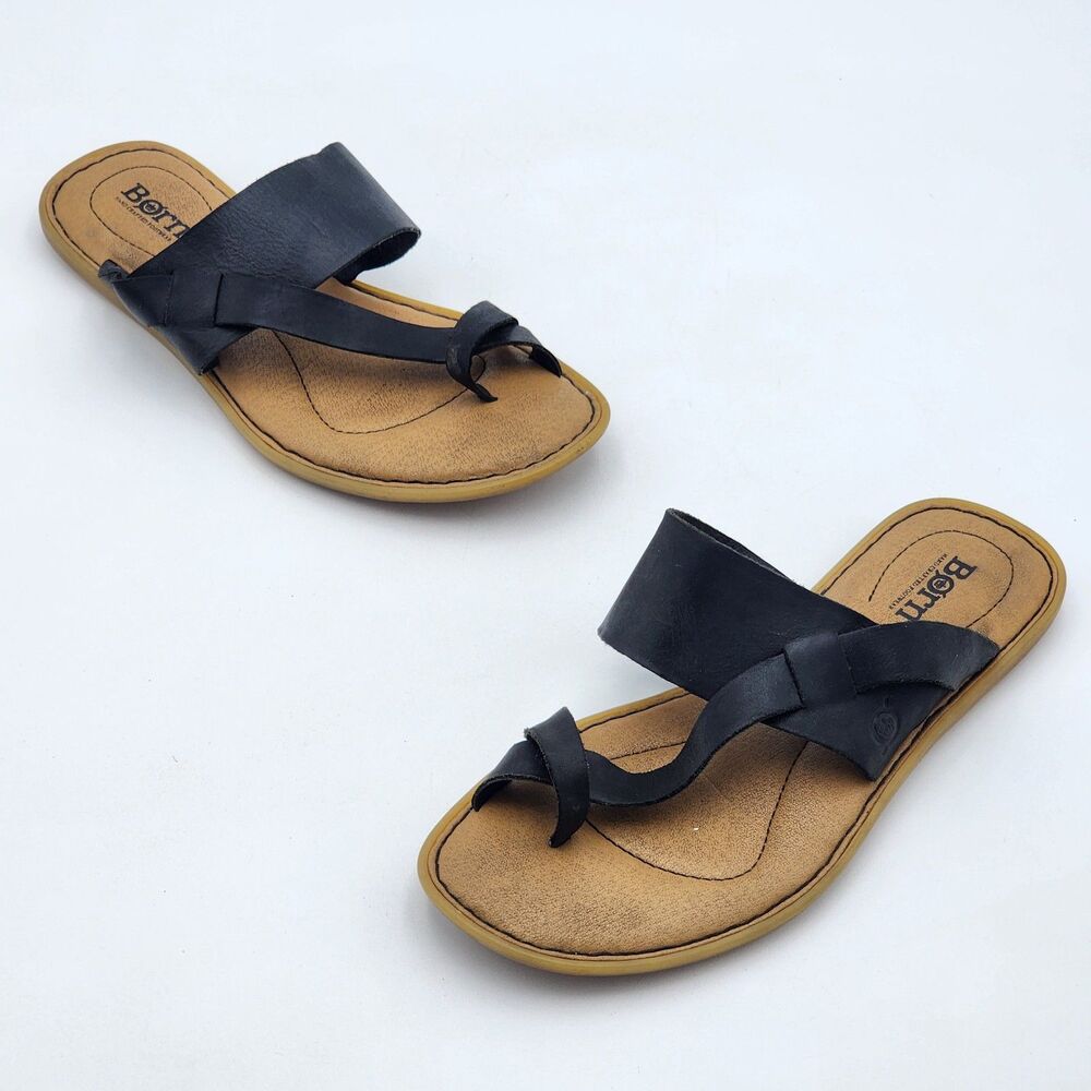 Born Veda Toe Cuff Leather Flat Slip On Comfort Sandals Black Tan Size 8 - Picture 1 of 8
